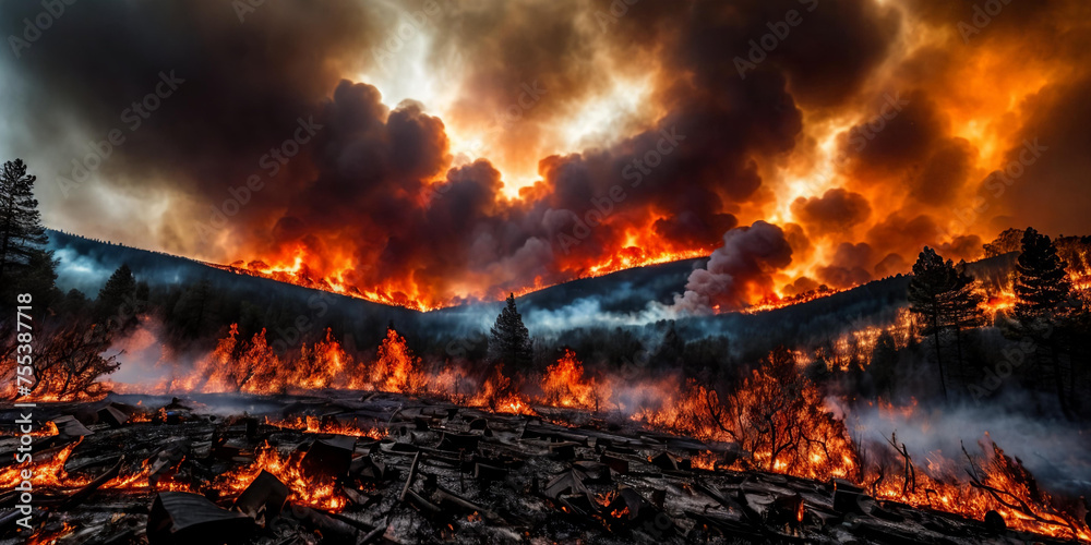 The intensity of a raging wildfire as it engulfs a forest in flames - obrazy, fototapety, plakaty 
