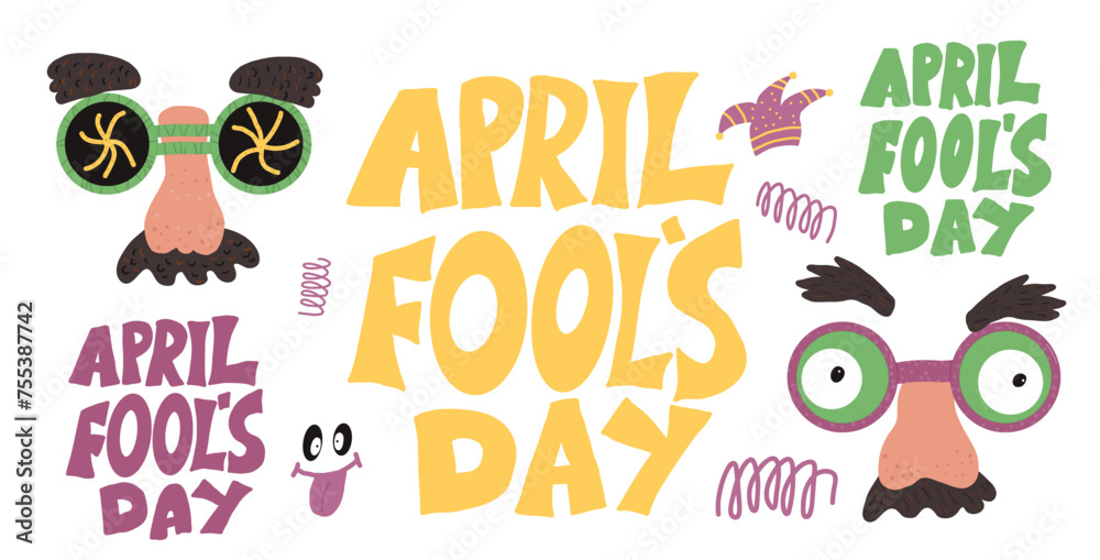 April fools day elements and lettering. Holiday banners design for greeting cards isolated on white background. Happy face mask vector hand drawn with handwritten text flat doodle illustration