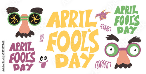 April fools day elements and lettering. Holiday banners design for greeting cards isolated on white background. Happy face mask vector hand drawn with handwritten text flat doodle illustration