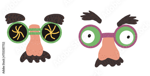 April fools day. Funny crazy happy face mask vector hand drawn flat illustration isolated on white background