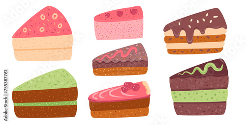 Slice of cakes set. Sweet bakery piece. Pastry dessert with cream. Vector pie flat illustration isolated on white background