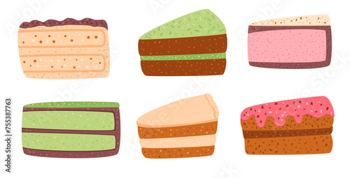Slice of cakes set. Sweet bakery pieces collection. Pastry dessert with cream. Vector pie flat illustration isolated on white background