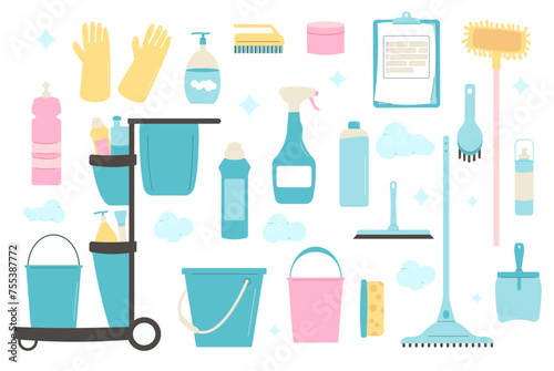 Cleaning home set. Equipment elements for wash house isolated on white background. Housework service concept. Bucket, gloves and mop spray bottle various tools. Vector flat illustration