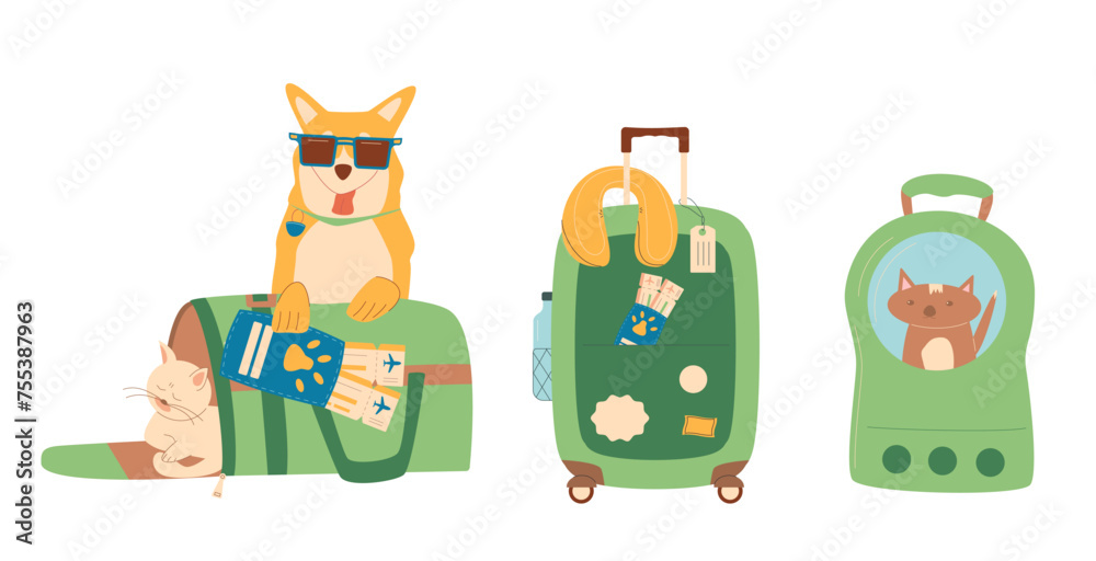 Travel with pets set. Trip with cats and dogs. Suitcase transportation box and backpack carrier, passport with tickets and domestic animals. Vector illustration