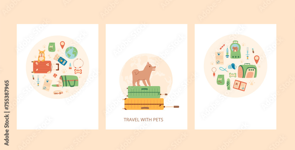 Travel with pets greeting card set. Tourism accessories and sight with domestic animals elements backgrounds. Trip for adventure and rest with dogs and cats banners. Vector illustration
