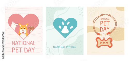 National Pet Day cards set. Domestic animal holiday design greeting banner, poster. Awareness about shelter for homeless animals. Vector flat illustration