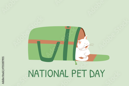 National Pet Day cards set. Cat sleeping in carrier. Domestic animal holiday design greeting banner, poster. Awareness about shelter for homeless animals. Vector flat illustration