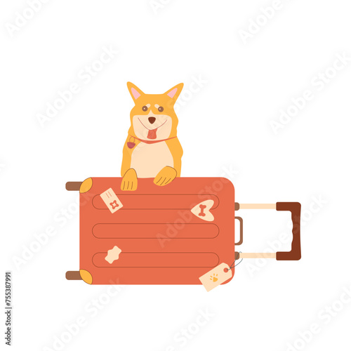 Dog suitcase isolated on white background. Travel with pets. Trip with domestic animals. Vector flat illustration