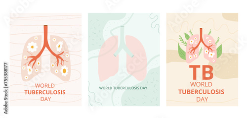 World tuberculosis day banners template set. Awareness about tb disease cards. Vector flat illustration
