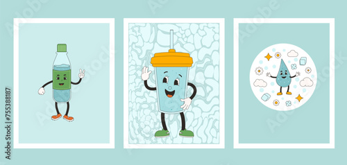 Water banner set . Posters with retro drop characters. World water day Ecology holiday banner with rubber hose mascot. Vector flat illustration