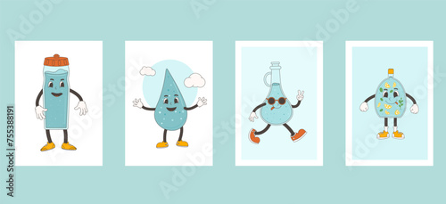 Water banner set. Posters with retro drop characters. World water day Ecology holiday banner with rubber hose mascot. Vector flat illustration