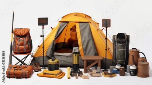 Set of camping equipment isolated on a white background.