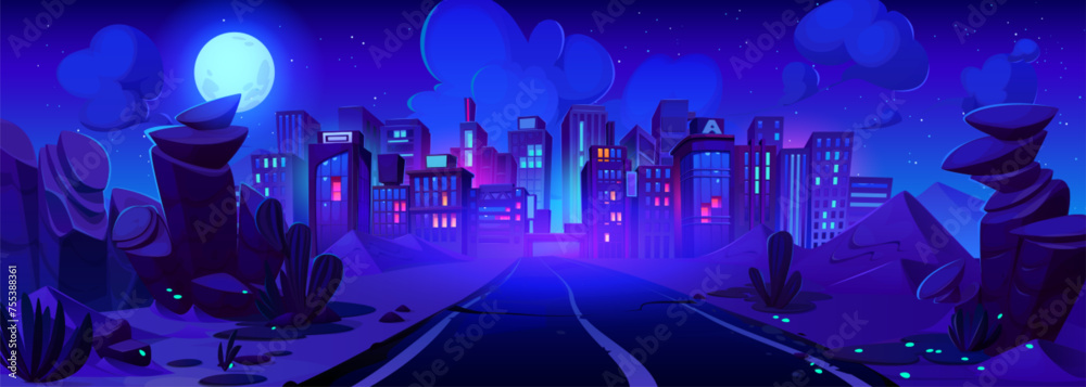 Road lead to modern city with high buildings at night. Cartoon dark blue panoramic urban landscape with neon lights in town. Way to metropolis with stones on roadside and full moon light at midnight. - obrazy, fototapety, plakaty 