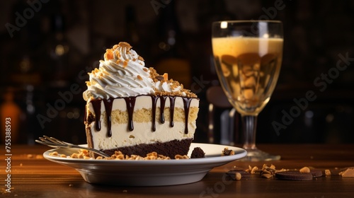 Savor the perfection of a slice of peanut butter pie, its whipped cream peaks reaching for the heavens, surrounded by an artfully arranged assortment of cookies and a delightful beverage.