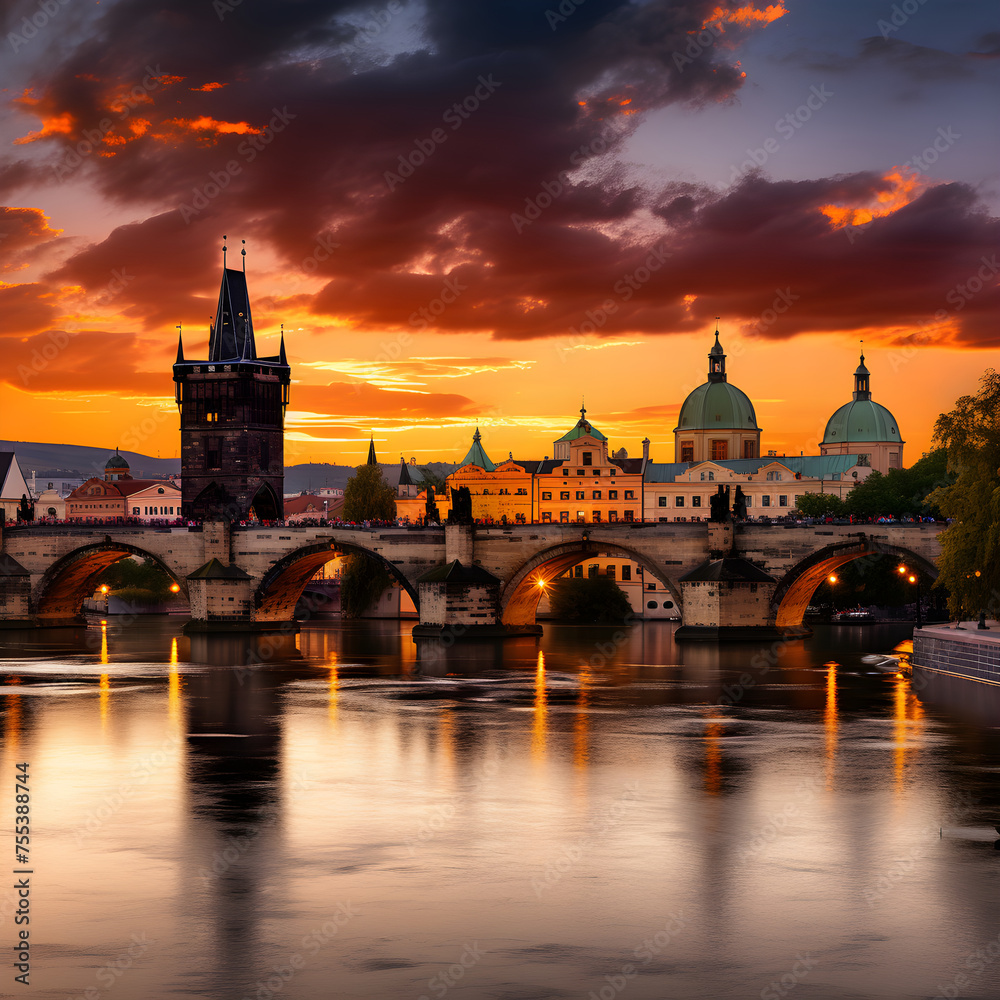 Scenic Panoramic View of Charles Bridge and Prague Castle during Sunset