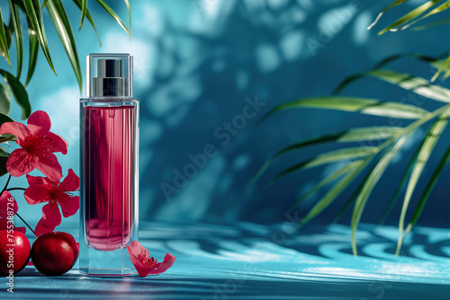 A pink bottle of perfume is placed next to a green plant, creating a simple yet elegant composition