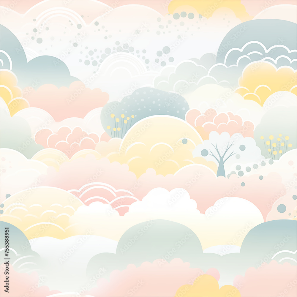 Clouds, streams and trees soft pastel seamless pattern, a dreamlike world of delicate beauty and tranquility Clouds, streams and trees soft pastel seamless pattern, a dreamlike world of delicate beauty and tranquility