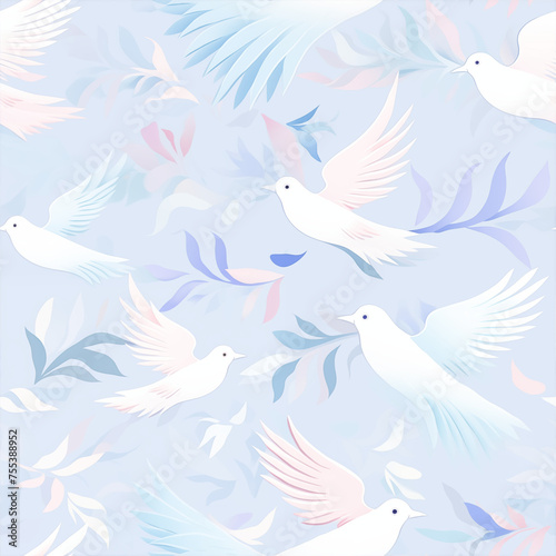 Bird and Floral soft pastel seamless pattern, a dreamlike world of delicate beauty and tranquility