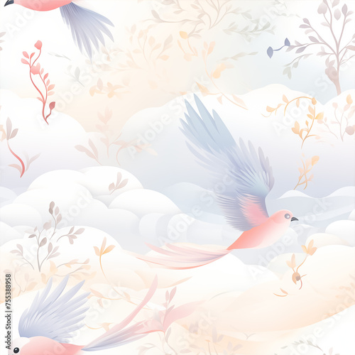 Bird and Floral soft pastel seamless pattern, a dreamlike world of delicate beauty and tranquility
