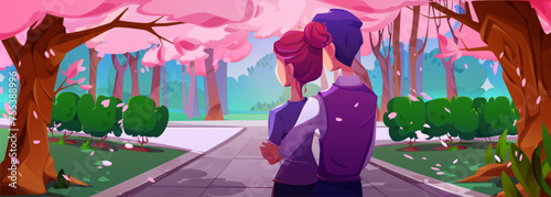 Young couple in japanese park with pink flowering sakura trees in spring. Cartoon vector illustration of view from back on man hugging woman while standing in public city garden with blossom cherry.