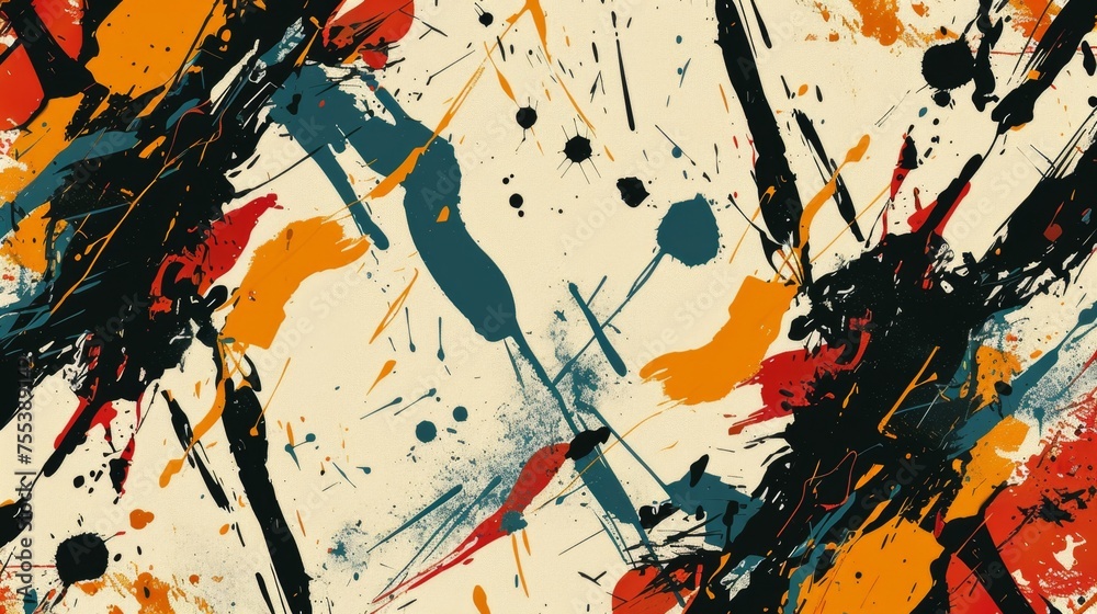 Dynamic abstract splatter and brush strokes in red, yellow, blue, black. Vibrant design for poster, wallpaper. No space for text.