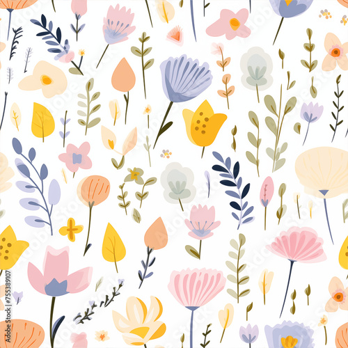 delicate pastel seamless patterns inspired by the blossoming of flowers in the spring season ,flat design, clean white background