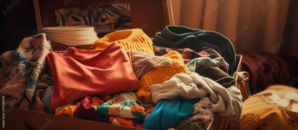 A closeup of a cardboard box filled with neatly folded clothes sitting on top of a bed, suggesting preparation for a move or organization of belongings.