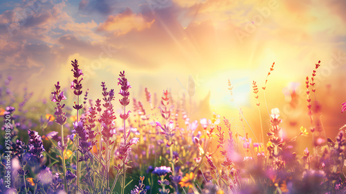 Sunset bathing a field of blooming lavender in warm light, with a picturesque sky adding to the serene and colorful landscape. 