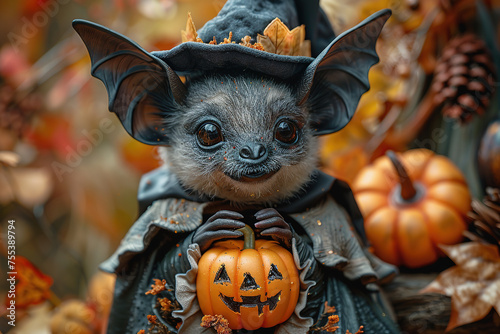 Bat wearing a tiny witch hat holding a miniature jack-o'-lantern in its wings photo