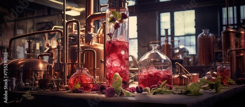 A table is covered with numerous bottles filled with a vibrant liquid, showcasing the process of making Rhubarb Gin.