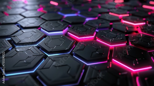 Hi-tech hexagonal pattern with blue purple neon light abstract background. Generative AI