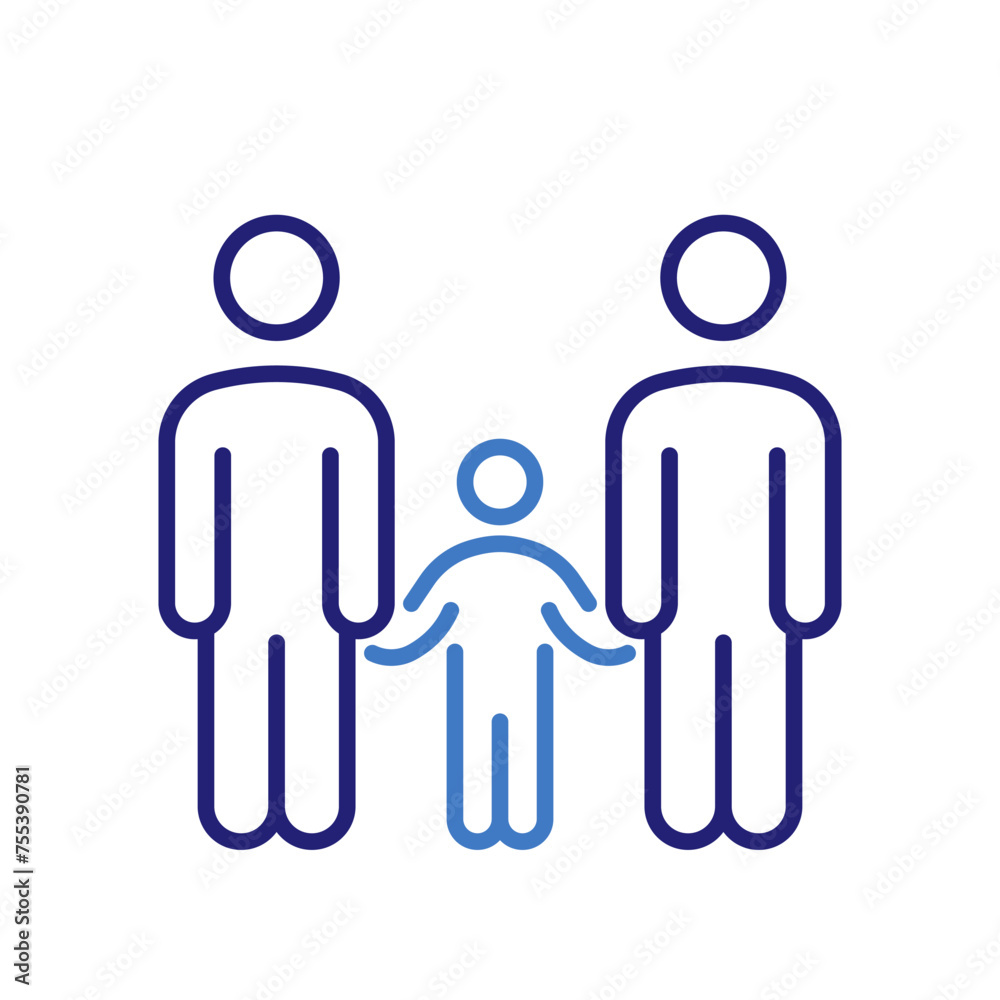 Family icon with mother, father, and child characters holding hands, vector thin line illustration for parenthood, family bond, and generational continuity Family icon with mother, father, and child characters holding hands, vector thin line illustration for parenthood, family bond, and generational continuity
