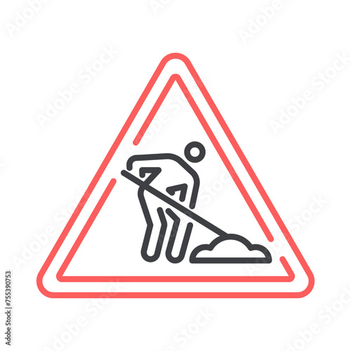 roadwork symbol icon with man and shovel in red triangle, vector thin line illustration for under maintenance, construction, website alert, road work