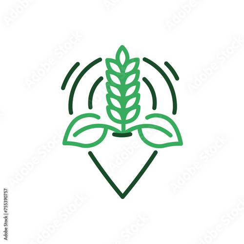 locally grown food icon with GPS pin, wheat, and leaves, vector thin line label tag illustration for local agriculture, sustainable farming, and food origin