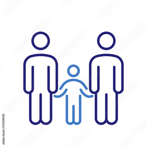 Family icon with mother, father, and child characters holding hands, vector thin line illustration for parenthood, family bond, and generational continuity