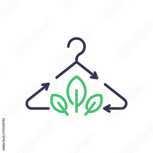 Sustainable fashion thin line icon. Eco friendly hanger with recycling symbol arrows and leaves. Vector thin line illustration for ethical fashion, green living, and environmental conservation