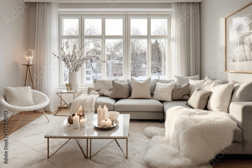 A touch of luxury in a Scandinavian living room with plush furnishings, metallic accents, and elegant lighting.