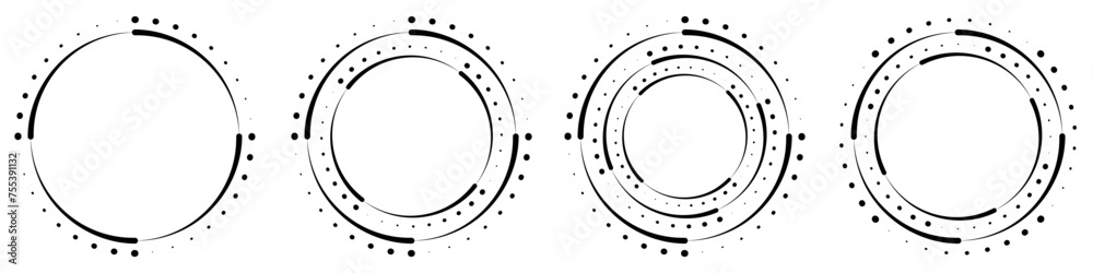Abstract geometric design in circle shape with spiral lines and dots. For posters, banners, logos, badges, presentations and booklets. Radial rotating shape. Vector illustration. Abstract geometric design in circle shape with spiral lines and dots. For posters, banners, logos, badges, presentations and booklets. Radial rotating shape. Vector illustration.