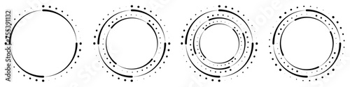Abstract geometric design in circle shape with spiral lines and dots. For posters, banners, logos, badges, presentations and booklets. Radial rotating shape. Vector illustration.