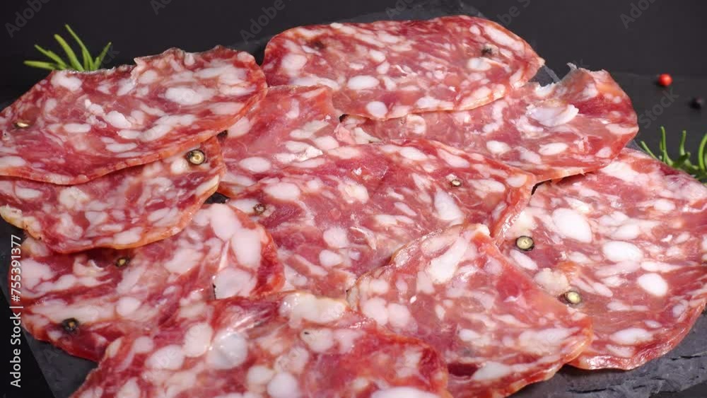 meat platter rotating with assortment of italian appetizers - sliced salami, decorated rosemary and peppers, on black slate meat platter rotating with assortment of italian appetizers - sliced salami, decorated rosemary and peppers, on black slate