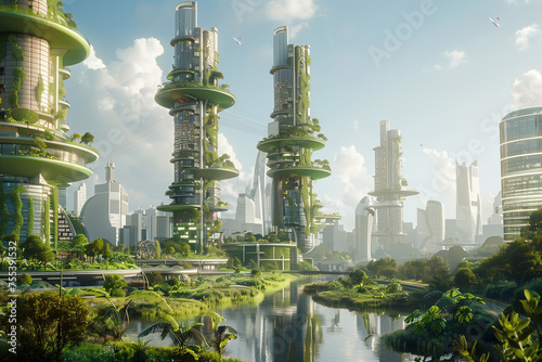A futuristic city with many buildings and green spaces. The buildings are tall and have many windows  and the green spaces are filled with trees and plants.