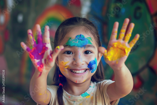 Little girl with painted hands in the colors of red and yellow smiling emoji on blue background. The concept is happy child playing, creativity, diversity and world brothers day