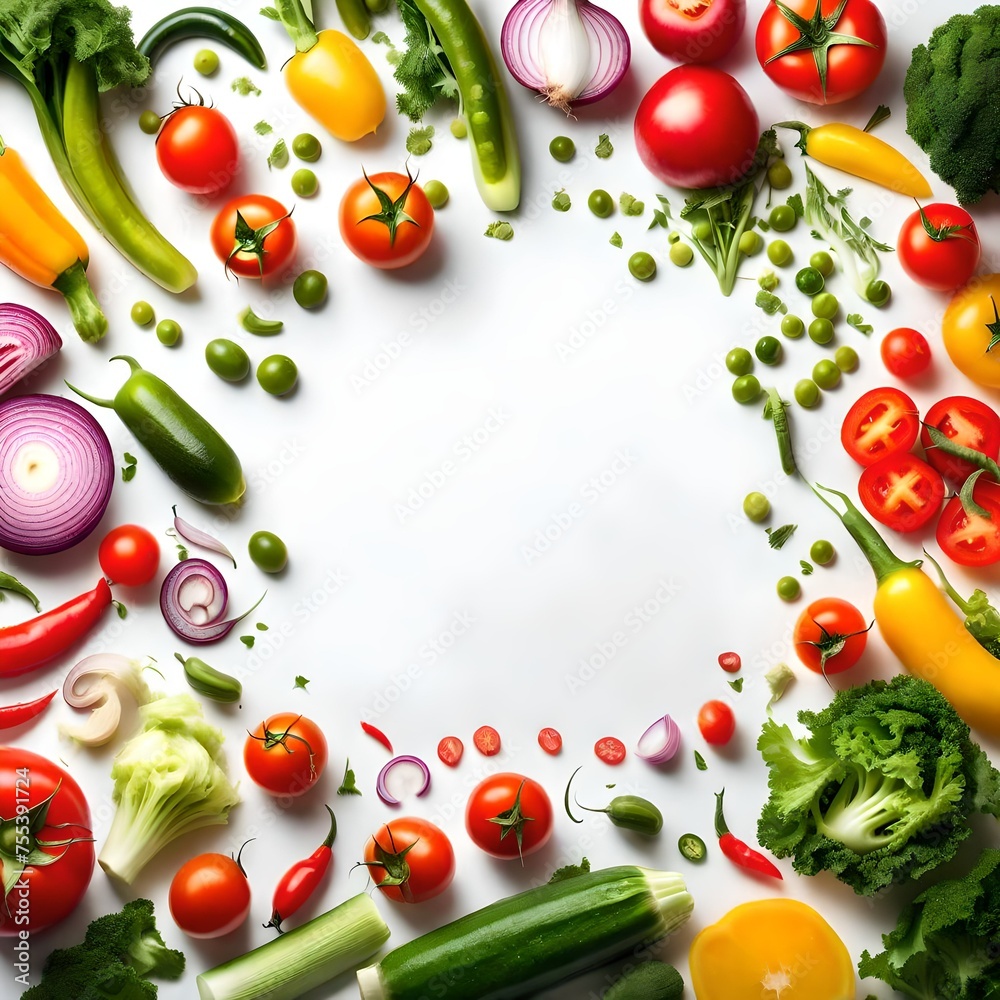Creative layout made of summer vegetables. Food concept. Tomatoes, onion, cucumber, green peas, garlic, cabbage, chilly pepper, yellow pepper, salad leaves and radish on white background