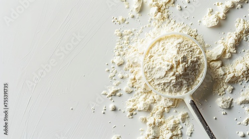 Top view of whey protein powder in a measurement white spoon with a big space for text or product, Generative AI. photo