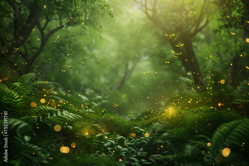 A forest with a lot of green leaves and a lot of fireflies. The fireflies are glowing and creating a magical atmosphere © lashkhidzetim