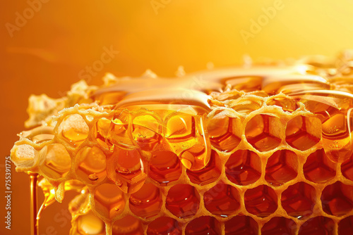 Honeycomb texture background with dripping tasty honey photo