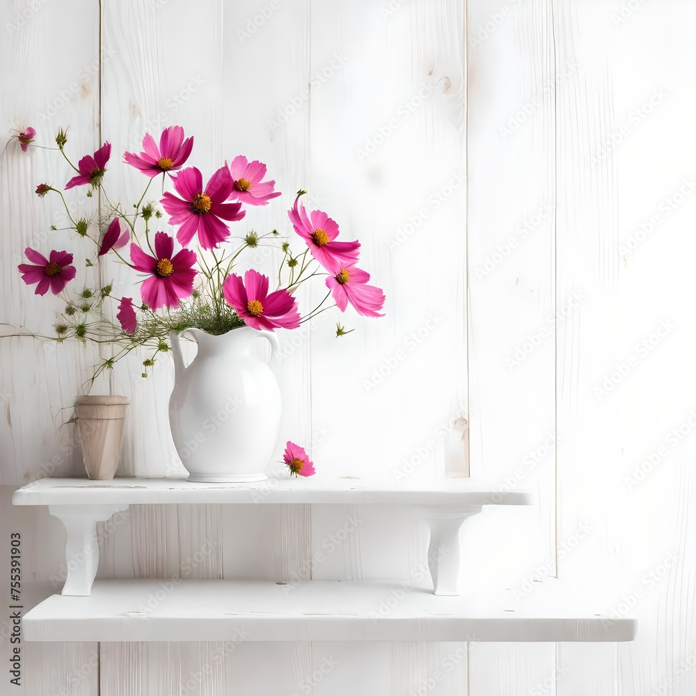 Fresh summer bouquet of pink cosmos flowers in white vase on white wood shelf on white wall background. Floral home decor.