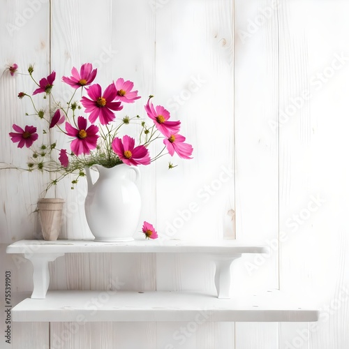 Fresh summer bouquet of pink cosmos flowers in white vase on white wood shelf on white wall background. Floral home decor.