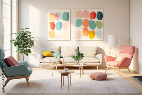 A sunlit, minimalist living room with pastel-colored furniture and vibrant artworks on the walls.