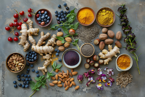 A colorful assortment of nuts, seeds, and dried fruits are displayed on a counter. The variety of colors and textures create a vibrant and inviting atmosphere. Concept of abundance and health